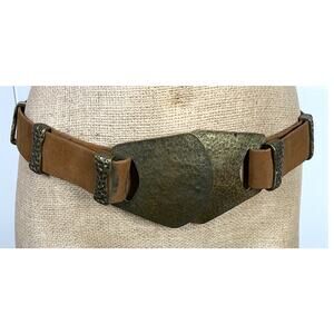 Unbranded Brown Leather‎ and Hammered Metal Boho Belt 35" total length